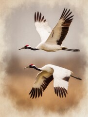 Naklejka premium A wall art poster showing cranes soaring together in the sky during daylight, with a soft background and clear feathers