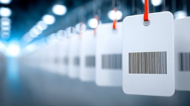 Barcodes move along conveyor belt system automated system scans products with unique identification codes