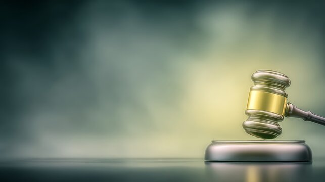 This image features  wooden gavel with gold accents positioned above striking block against  misty atmospheric background