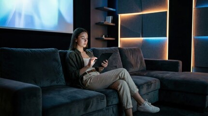 Obraz premium Young woman using digital tablet on sofa in modern home cinema room