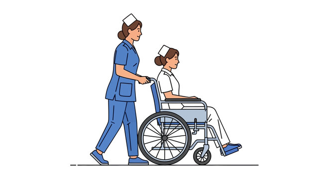 Vector illustration of a nurse pushing a patient in a wheelchair, promoting healthcare and assistance, suitable for medical and caregiving contexts