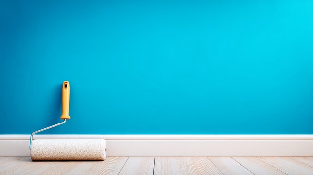 Paint roller with yellow handle rests against  vibrant turquoise wall just above white baseboard and wooden floor