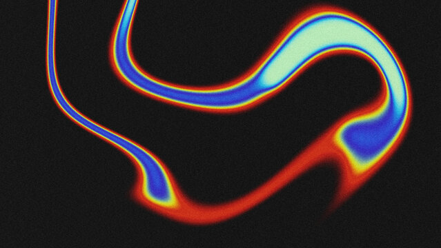 Abstract fluid art with a curved, S-shaped form on a black background. Features a vibrant color gradient of red, orange, yellow, blue, and pale green with a grainy noise texture. 