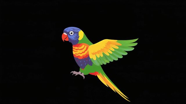 Vibrant Rainbow Lorikeet Flapping Wings Animated Vector Illustration, Colorful Tropical Parrot Flat Design on Black Background