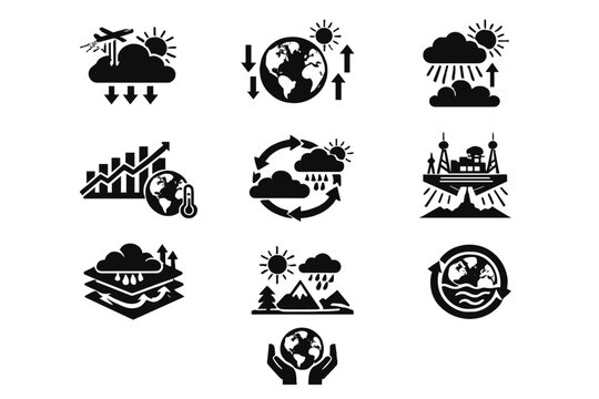 Vector depicting atmospheric geoengineering engineering icon generation image climate arrows set control