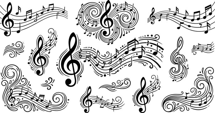 decorative musical notes and treble clef swirling staff elements collection, melody music notation symbols isolated on transparent background