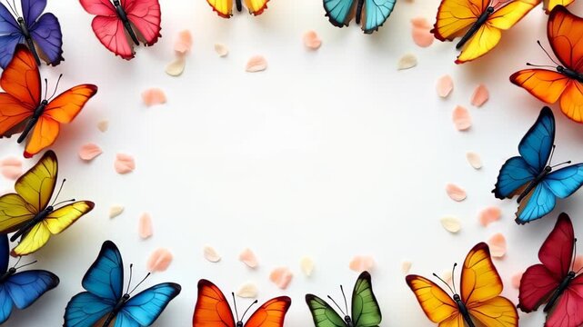 Colorful butterfly collection frame border, soft white bokeh center space, summer garden concept