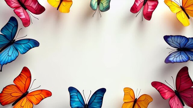 Colorful butterfly collection frame border, soft white bokeh center space, summer garden concept
