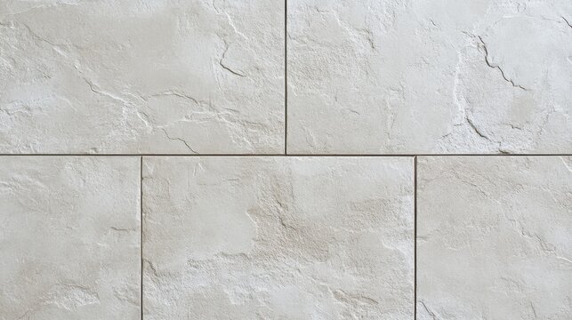 Close up view of textured light colored tiles with  stone like appearance laid in staggered brick pattern with dark grout lines