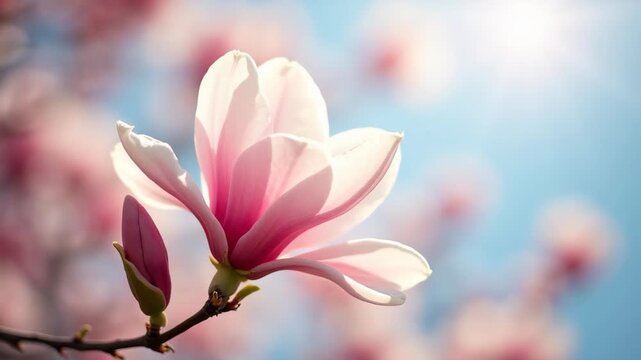 Blooming magnolia tree branch with white pink petal detail, vivid spring colors, soft blue sky bokeh background, morning golden light rays, elegant spring nature concept