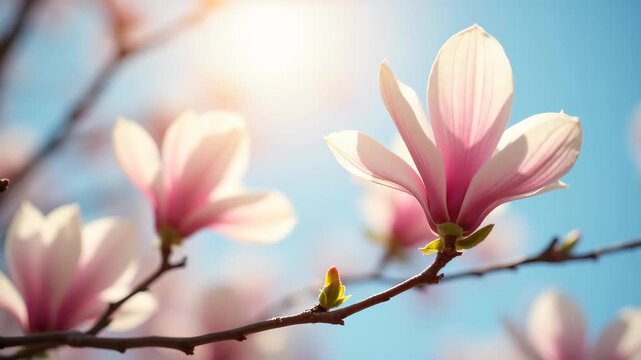 Blooming magnolia tree branch with white pink petal detail, vivid spring colors, soft blue sky bokeh background, morning golden light rays, elegant spring nature concept