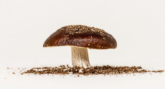 A mushroom in soil, presented on a transparent background