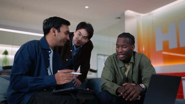 Modern tech company team brainstorming in office, diverse colleagues discussing project strategy, collaboration, innovation, startup culture, digital workplace, teamwork, business communication