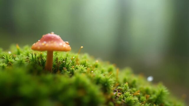 Spring green moss surface with tiny forest mushroom and dew drops in morning fog, bokeh soft misty forest background