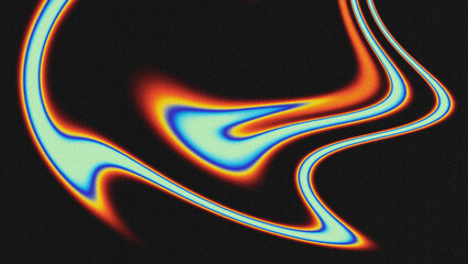 Abstract wavy fluid background with grainy texture and neon gradient (cyan, blue, orange, red) on black. Vapor  wave retro aesthetic, glowing swirl lines, heat map color palette. © yun visual