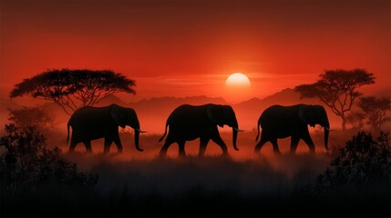 Fototapeta premium Three elephants stride through tall grass as the sun sets over a savanna dotted with trees