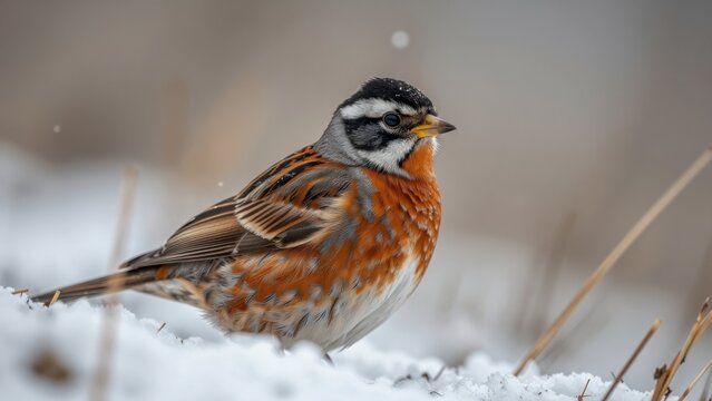 Red-Breasted Bird Perched in Snowy Field