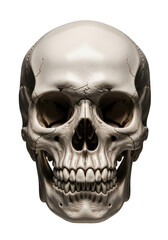 Fototapeta premium aged anatomical human skull model with ivory texture and intricate sutures, dramatically lit with chiaroscuro against a transparent background, concept of mortality and anatomical contemplation