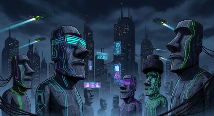 Moai heads in a futuristic city with neon lights and flying saucers © Nadeesha