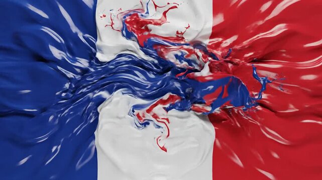 Abstract depiction of the French flag colors exploding and splashing, symbolizing Bastille Day celebrations