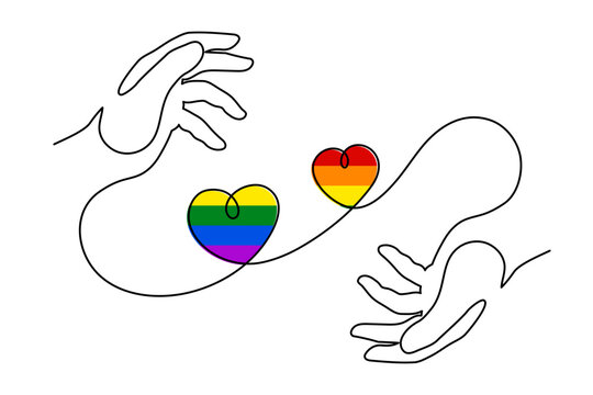 Hand with LGBT heart flag rainbow one line art, hand drawn pride month decoration continuous contour. People's rights diversity equality identity outline design. Editable stroke. Isolated. Vector 