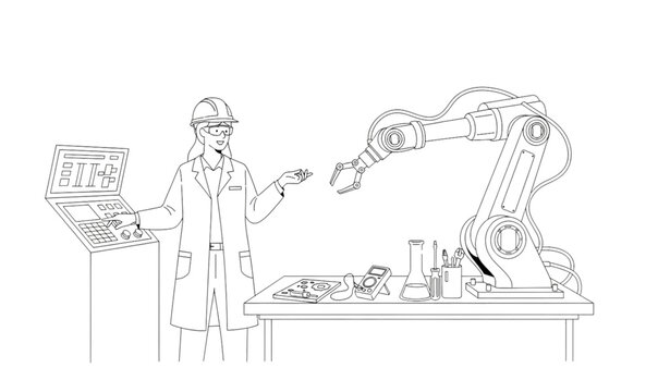 Female engineer robotics lab outline illustration industrial robot arm line art vector