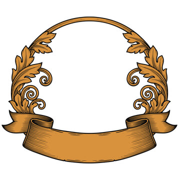 Ornate vintage-style decorative frame featuring elegant scrolling foliage and a prominent blank banner for custom text, perfect for labels, invitations, certificates, or heraldic emblem vector design