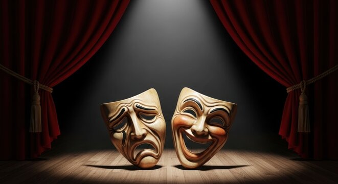 Dramatic Theater Masks on Stage with Red Curtains.