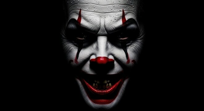 Eerie Clown Face with Dark Eyes and Red Accents.