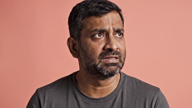 A middle-aged man expresses profound sadness and distress, his face contorted in pain and grief against a soft pink backdrop.