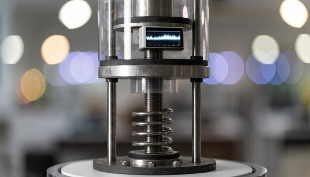 Digital display on a compression testing machine showing realtime spring force versus travel data highlighting precision measurement in a laboratory environment.