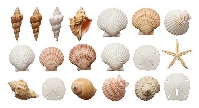 A diverse collection of marine seashells and mollusk specimens isolated on white, featuring various beach conch and clam objects for summer nature decoration