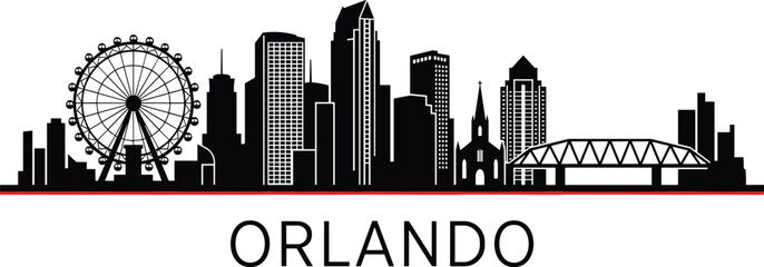 Flat design vector illustration of Orlando's iconic skyline featuring a ferris wheel and modern buildings, ideal for travel brochures, tourism marketing, and city-themed designs. © Safa