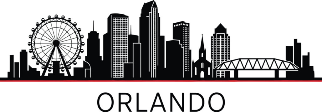 Flat design vector illustration of Orlando's iconic skyline featuring a ferris wheel and modern buildings, ideal for travel brochures, tourism marketing, and city-themed designs.
