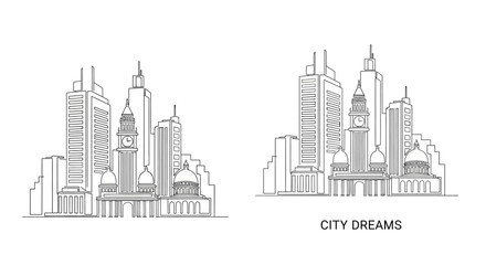 Fototapeta premium Hand drawn line art sketch of urban city skylines with skyscrapers and historical buildings.