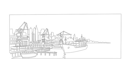 Fototapeta premium Line art illustration of a bustling industrial seaport with cargo ships and cranes.