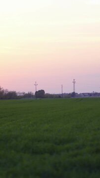 Car side window view of sunset over green farm field slow