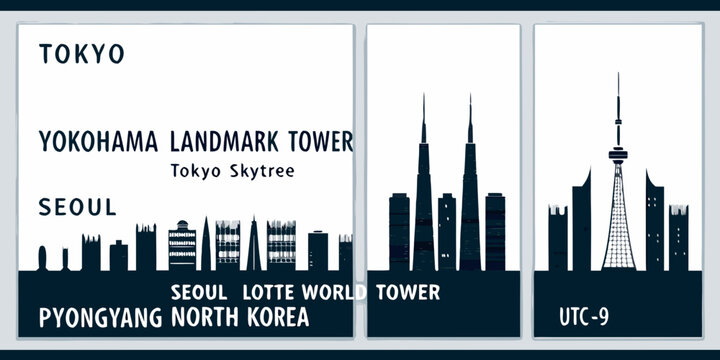 City skylines featuring tokyo seoul and pyongyang landmarks