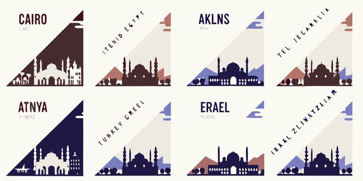 Minimalist travel posters showcasing iconic silhouettes of middle eastern cities