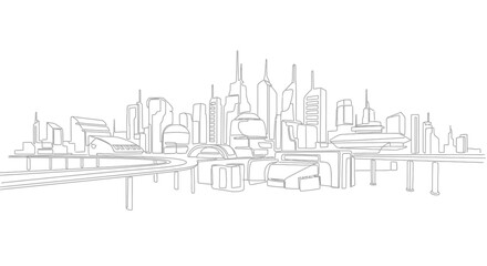 Naklejka premium Minimalist continuous line drawing of a modern cityscape skyline with highway bridge.