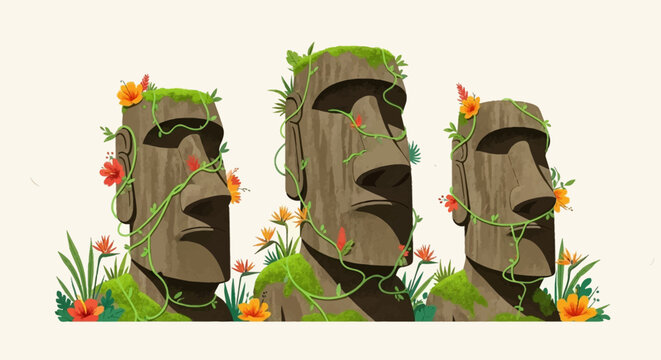 Moai statues with flowers and green vines on Easter Island heads