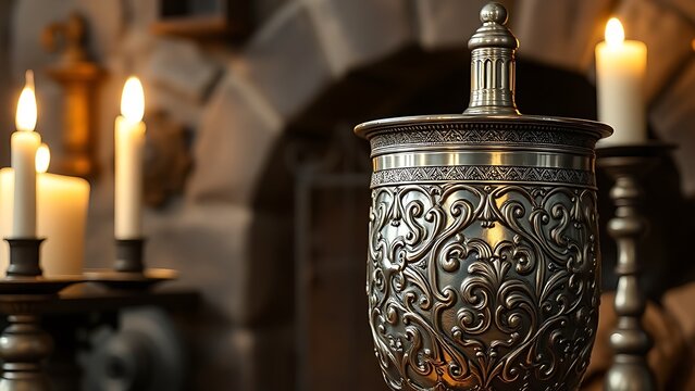 A medieval silver wine flagon with intricate carvings, illuminated by candlelight against a stone fireplace.