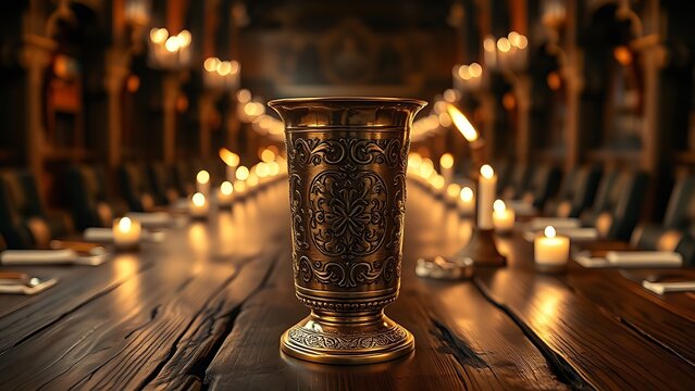 An ornate engraved flagon sits on a long wooden table in a medieval hall.
