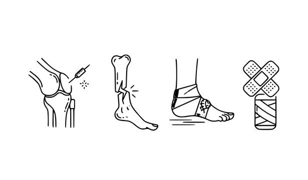 Modern orthopedic injury icons with joint injection fractured leg ankle sprain and bandage in outline vector style