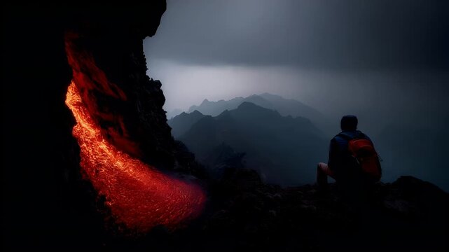Outdoor exploration adventure. A dramatic, atmospheric portrayal of a solitary figure, likely a traveler, seated on a rocky outcrop, overlooking a mountainous landscape.