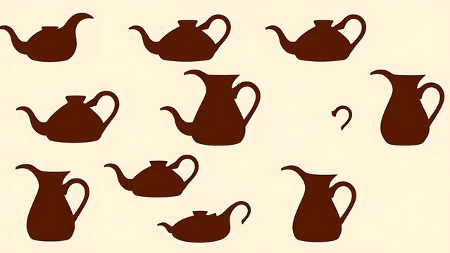 Dark brown elliptical silhouettes of flagons with spouts on light background.