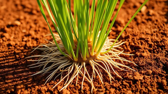 Clump of vetiver grass roots growing tightly from reddish-brown soil.