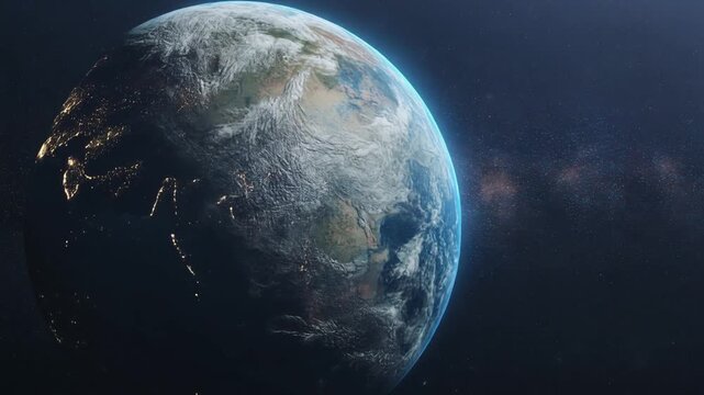 "View of Earth from space partially illuminated by sunlight, showing continents, oceans, and clouds, curvature visible against dark cosmic background with faint stars highlighting planetary beauty."