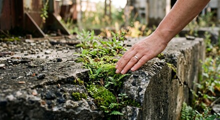 Fototapeta premium World Environment Day restoration concept. Human hand touching green moss growing in concrete cracks. Nature reclaiming industrial ruins. Environmental protection and sustainable ecosystem recovery.
