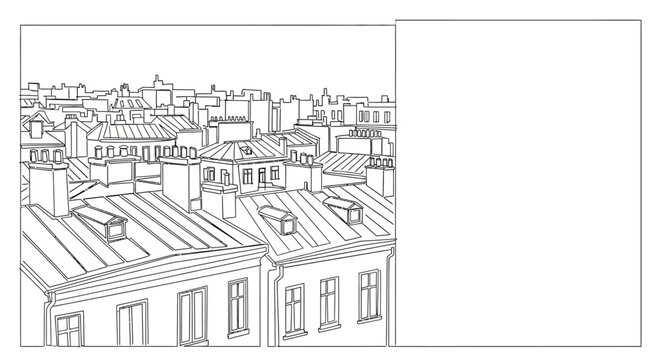 Detailed ink sketch of European city rooftops and urban architecture.